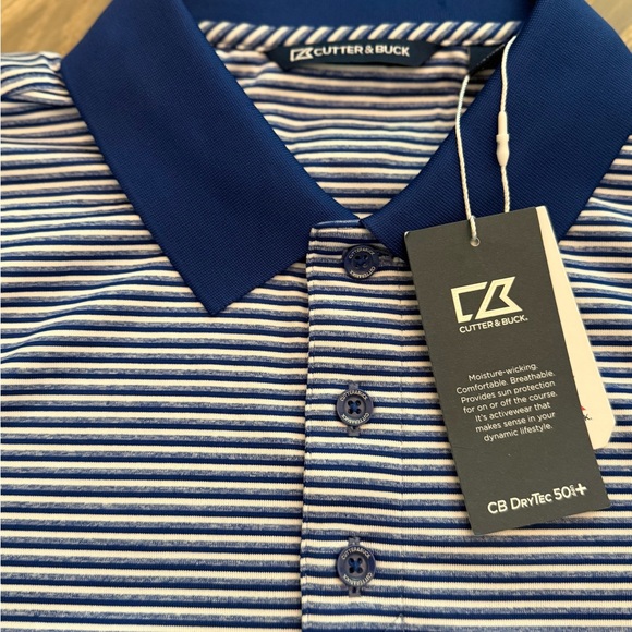 Cutter & Buck NWT Men's Striped Polo Shirt - Blue and White - Picture 3 of 3